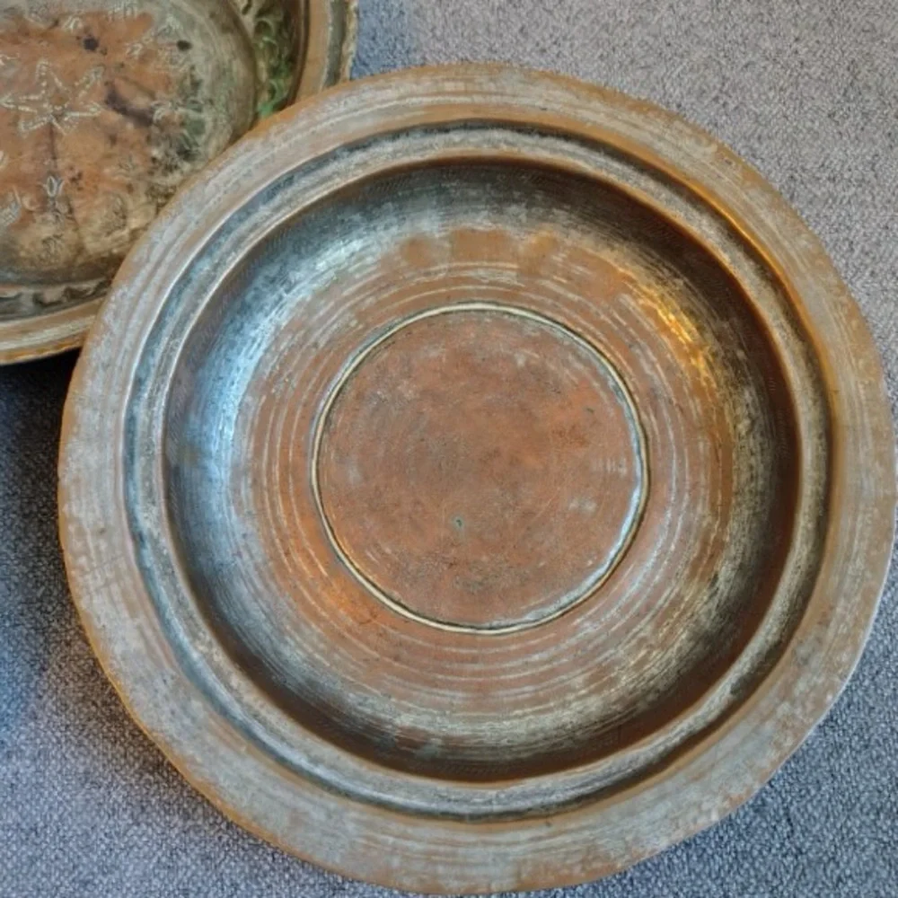 Vtg Handmade Copper Bowls (3) Patina Heavy Primitive Metal Fluted Ribbed Engrave